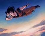  1boy black_hair blue_footwear blue_shirt boots dougi dragon_ball dragon_ball_z flying hand_up highres kz_(dbz_kz) midair orange_pants orange_shirt pants shirt short_sleeves sky sleeveless sleeveless_shirt solo son_goku spiky_hair 