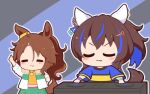  2girls :3 animal_ears arm_up blue_hair blue_shirt blush_stickers brown_hair chibi closed_eyes closed_mouth daitaku_helios_(umamusume) fang fang_out fur-trimmed_jacket fur_trim gomashio_(goma_feet) green_skirt hair_between_eyes hair_ornament hairclip horse_ears horse_girl horse_tail jacket mejiro_palmer_(umamusume) multicolored_hair multiple_girls open_clothes open_jacket orange_shirt pleated_skirt shirt skirt star_(symbol) star_hair_ornament streaked_hair striped_background striped_clothes striped_shirt tail turntable umamusume v-shaped_eyebrows white_hair white_jacket 