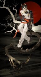  1boy absurdres arknights armor black_hair charcoal_(mt2580) chong_yue_(arknights) dragon_boy dragon_horns dragon_tail full_body highres horns long_hair looking_at_viewer low_ponytail male_focus pauldrons pointy_ears red_eyes shoulder_armor single_pauldron sitting sleeveless solo tail tree very_long_tail 