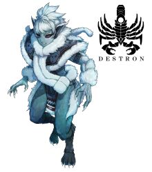 1girl animal_ears animal_feet armband black_sclera blue_skin body_fur claws clip_studio_paint_(medium) colored_sclera colored_skin commentary digitigrade eidenjyou1997 english_commentary fur_trim genderswap genderswap_(mtf) highres kaijin kamen_rider kamen_rider_v3_(series) logo monster_girl red_eyes sharp_teeth simple_background solo teeth white_background white_fur white_hair wolf_ears wolf_girl yuki_ookami