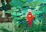  1girl dated day highres hyperbencher japanese_clothes kimono leaf long_hair moss original outdoors plant potted_plant red_eyes red_kimono rock scenery solo tree water white_hair wide_shot wide_sleeves 