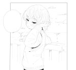  1girl absurdres blush expressionless greyscale hatoba_tsugu highres mole mole_under_eye monochrome nekopantsu_(blt) railing short_hair sketch solo sweater tsugu_(vtuber) upper_body virtual_youtuber 