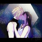  1boy 1girl bare_shoulders black_hair blonde_hair breasts closed_eyes cloud_strife collarbone commentary couple crop_top final_fantasy final_fantasy_vii final_fantasy_vii_rebirth final_fantasy_vii_remake fireworks from_side hand_on_another&#039;s_shoulder hetero highres kiss light_blush long_hair medium_breasts night night_sky short_hair sidelocks sky sleeveless sleeveless_turtleneck spiky_hair star_(sky) starry_sky suspenders sweater swept_bangs tank_top tifa_lockhart toa_ot turtleneck turtleneck_sweater upper_body white_tank_top 