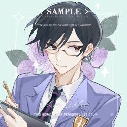  1boy absurdres black_hair brown_eyes clipboard commission flower glasses green_background highres holding holding_clipboard jeathur looking_at_viewer male_focus ootori_kyouya ouran_high_school_host_club ouran_high_school_uniform purple_flower purple_rose rose school_uniform short_hair smile solo upper_body writing 