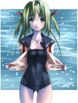  green_eyes green_hair no_pants one-piece_swimsuit open_clothes open_shirt original school_swimsuit school_uniform shirt short_hair solo swimsuit swimsuit_under_clothes twintails undressing 