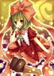  :p amene_kurumi black_legwear black_thighhighs bow dress frilled_dress frills frilly_dress front_ponytail green_eyes green_hair hair_bow hair_ribbon highres kagiyama_hina long_hair ribbon solo thigh-highs thighhighs tongue touhou 