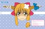  bow brown_hair dotted_outline furigana hair_bow horn_ribbon horns ibuki_suika konoe_yuba orange_hair ribbon scissors tears touhou translation_request yuba_(pixiv) 