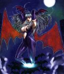  1girl armpits bat breasts capcom darkstalkers full_moon lipstick long_hair moon morrigan_aensland pantyhose purple_pantyhose solo vampire_(game) 