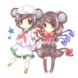  andante78 animal_ears asymmetrical_wings black_hair brown_eyes chibi green_eyes hat houjuu_nue kemonomimi_mode kureha_goya lowres mouse_ears multiple_girls murasa_minamitsu ribbon sailor_collar sailor_hat short_hair star tail thighhighs touhou wings 