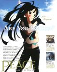  akiyama_mio armband black_hair death_devil engrish heart highres k-on! karata_hiroshi long_hair microphone midriff navel pants ranguage scan single_glove smile 