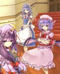  absurdres apron book bow colored_eyelashes crescent eyelashes gloves hair_bow hat highres izayoi_sakuya lavender_eyes lavender_hair long_hair looking_at_viewer maid multiple_girls muso-comet patchouli_knowledge purple_eyes purple_hair red_eyes remilia_scarlet short_hair silver_hair smile touhou tsurime waist_apron 
