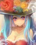  aqua_eyes aqua_hair breasts bust choker cleavage collarbone earrings flower hat hatsune_miku highres jewelry long_hair necklace orange_rose portrait red_rose rose sheska_xue smile solo twintails vocaloid 