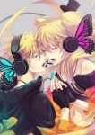  blonde_hair blue_eyes butterfly_hair_ornament butterfly_wings dual_persona facial_mark facial_markings fingerless_gloves genderswap gloves hair_ornament headphones headset incipient_kiss magnet_(vocaloid) naruko naruto pink_eyes selfcest twintails uzumaki_naruto vocaloid wings 