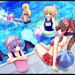  &gt;_&lt; 5girls ball beachball bikini blonde_hair bow brown_hair crossed_arms flandre_scarlet hair_bow hakurei_reimu human innertube kirisame_marisa lio long_hair one-piece_swimsuit open_mouth patchouli_knowledge pink_eyes ponytail pool popsicle purple_hair red_eyes remilia_scarlet school_swimsuit short_hair smile swimming swimsuit team_shanghai_alice touhou vampire water wings 