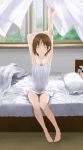  arm_up arms_up barefoot bed bed_sheet breasts brown_hair camisole cellphone cleavage closed_eyes curtains dokipara highres legs original phone pillow sitting solo stretch sweat window yoropa 