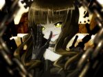  artist_request bangs black_hair black_rock_shooter blunt_bangs blurry chain choker close-up collar collarbone dead_master depth_of_field finger_licking glowing glowing_eyes highres licking looking_at_viewer solo tongue yellow_eyes 