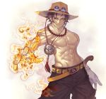  bad_id belt brown_eyes brown_hair fire freckles grin hat jewelry katsutake male muscle necklace one_piece portgas_d_ace shirtless smile smirk solo topless white_background 