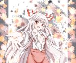  bad_id blush bow fujiwara_no_mokou hair_bow highres long_hair no_bra open_mouth outstretched_arms pants red_eyes sho-1 silver_hair smile solo spread_arms suspenders touhou unbuttoned very_long_hair 