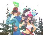  baseball_cap breasts cleavage crop_top curly_hair hat hoodie messenger_bag midriff oshawott pokemon pokemon_(game) pokemon_black_and_white pokemon_bw ponytail riato shoulder_bag smile snivy tepig touko_(pokemon) touya_(pokemon) unzipped vest 