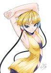  armpits blonde_hair blue_eyes classictime flat_chest headphones highres kamitsure_(pokemon) light_smile pantyhose pokemon pokemon_(game) pokemon_black_and_white pokemon_bw signature simple_background small_breasts solo white_background 
