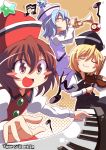  blonde_hair blue_hair blush_stickers brown_hair closed_eyes hat instrument keyboard_(instrument) kitahara_tomoe_(kitahara_koubou) lunasa_prismriver lyrica_prismriver merlin_prismriver musical_note open_mouth star touhou trumpet violin watermark yellow_eyes 