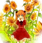  :d aqua_eyes arms_behind_back blush bow brown_hair dress flower frills neon_genesis_evangelion open_mouth orange_hair shikinami_asuka_langley smile solo souryuu_asuka_langley sunflower twintails young 