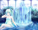  1girl bad_id dress fountain hatsune_miku highres hoshimiya_mirai solo twintails vocaloid water 
