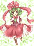 andante78 bow curtsey dress frills green_eyes green_hair hair_bow kagiyama_hina kureha_goya long_hair open_mouth ribbon smile touhou