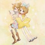  black_eyes blonde_hair blush book bow dress hair_ornament hair_ribbon hairclip kagamine_len kagamine_rin open_mouth poco24 ponytail ribbon short_hair siblings star twins vocaloid 