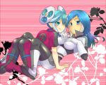  :p blue_eyes blue_hair blush bodysuit inazuma_eleven irouha maquia multiple_girls tongue urubida yuri 