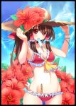 arms_up ascot bikini bow bracelet breasts brown_hair cleavage flower hair_bow hakurei_reimu hand_on_hat hat hibiscus jewelry lowleg lowleg_bikini miko_swimsuit mound_of_venus mouth_hold popsicle red_eyes standing stare sun_hat swimsuit touhou water_drop 