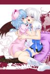  bad_id bat_wings error izayoi_sakuya multiple_girls mutual_yuri nekokotei pillow red_eyes remilia_scarlet short_hair silver_hair sitting touhou wings yuri 