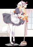  blonde_hair hat legs long_hair maid mop red_eyes solo thigh-highs thighhighs touhou yakumo_yukari yube_(skyhacker) 