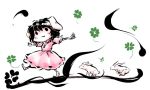  animal_ears bad_id barefoot black_hair bunny bunny_ears carrot chibi clover dress inaba_tewi jewelry jpeg_artifacts nyoron_(fudegatana) okami okisimo outstretched_arms parody pendant pink_dress rabbit rabbit_ears red_eyes short_hair solo spread_arms standing_on_one_leg touhou 