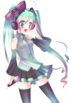  bad_id blush bow detached_sleeves fang green_eyes green_hair hair_bow hand_on_headphones hatsune_miku headphones highres long_hair microphone necktie nukomiya open_mouth simple_background singing skirt solo thigh-highs thighhighs twintails very_long_hair vocaloid 