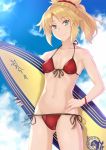  1girl bikini blue_sky breasts clouds cowboy_shot darahan fate/apocrypha fate/grand_order fate_(series) front-tie_bikini front-tie_top hair_ornament hair_scrunchie hand_on_hip looking_at_viewer mordred_(fate) mordred_(fate)_(all) mordred_(swimsuit_rider)_(fate) red_bikini red_scrunchie scrunchie side-tie_bikini sky small_breasts solo surfboard swimsuit 