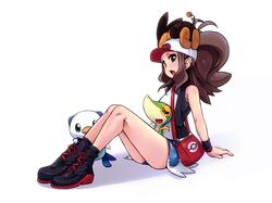  baseball_cap brown_hair chimosaku denim denim_shorts hat highres legs oshawott pokemon pokemon_(game) pokemon_black_and_white pokemon_bw ponytail purse shorts sitting snivy tepig touko_(pokemon) 