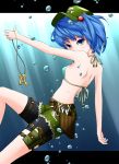  belt bike_shorts bikini_top blue_eyes blue_hair bubble hair_bobbles hair_ornament hat holster hullzion kawashiro_nitori key screwdriver short_hair shorts solo thigh_holster thigh_strap touhou twintails underwater utility_belt wrench 