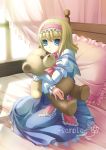  bed blonde_hair blue_eyes capelet doll doll_hug hairband pillow short_hair solo stuffed_animal stuffed_toy takatsukasa_yue teddy_bear touhou 