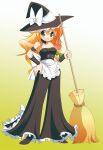  alternate_costume apron arm_garter bad_hands bare_shoulders bellbottoms blonde_hair bow braid broom choker dei_shirou gradient gradient_background hair_bow hand_on_hip hat kirisame_marisa long_hair open_mouth orenji_zerii pants side_braid smile standing touhou witch_hat yellow_eyes 