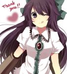  :q black_eyes black_hair english hair_ribbon long_hair mitsu_yomogi reiuji_utsuho ribbon solo thank_you tongue touhou weapon wink 