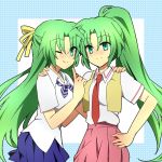  green_eyes green_hair higurashi_no_naku_koro_ni long_hair ponytail shacttainw siblings sisters sonozaki_mion sonozaki_shion twins 