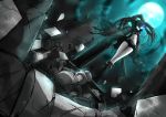  aqua_eyes black_hair black_rock_shooter black_rock_shooter_(character) boots chess_piece cloud clouds dutch_angle glowing glowing_eyes highres long_hair moon navel night night_sky scar shorts sky solo tan_(artist) tan_(carbon) tearing_clothes torn_clothes twintails very_long_hair 