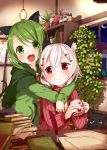  2girls albino animal_ears blush book cat cat_ears cat_tail cup green_eyes green_hair hair_ornament hairclip highres mug muku-coffee multiple_girls open_mouth original plant potted_plant red_eyes smile tail white_hair 