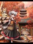  aki_shizuha animal_ears autumn bag brown_hair daiyousei detached_sleeves dog east_asian_architecture hat highres himekaidou_hatate inubashiri_momiji kei_(pixiv) kei_kei leaf letterboxed long_hair looking_at_viewer messenger_bag pagoda red_eyes scenery short_hair shoulder_bag silver_hair skirt tail tokin_hat touhou translation_request twintails wolf_ears wolf_tail 