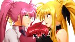  between_breasts blonde_hair blue_eyes blush breast_press breast_smother breasts cleavage erio_mondial fate_testarossa mahou_shoujo_lyrical_nanoha mahou_shoujo_lyrical_nanoha_strikers pink_hair red_eyes redhead ribbon signum smother symmetrical_docking 