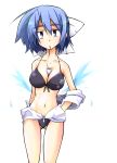  bikini black_bikini blue_eyes blue_hair bow breasts hair_bow hemogurobin_a1c large_breasts mai_(touhou) mouth_hold navel open_clothes pocky short_hair solo swimsuit touhou touhou_(pc-98) wings 