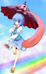  bell_(artist) blue_eyes blue_hair geta heterochromia highres karakasa karakasa_obake looking_at_viewer rainbow red_eyes short_hair tatara_kogasa tongue touhou umbrella 