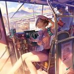  breasts brown_hair closed_eyes gloves hat impossible_clothes impossible_shirt locomotive original poster poster_(object) shako_cap shirt short_hair sitting sweat train train_interior uniform vania600 watch wristwatch 