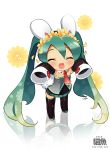  blush bunny_ears buttons chibi closed_eyes detached_sleeves flower green_hair hair_flower hair_ornament hatsune_miku long_hair necktie neko_sakana patterned rabbit_ears reflection skirt sleeves_past_wrists smile thigh-highs thighhighs twintails very_long_hair vocaloid 